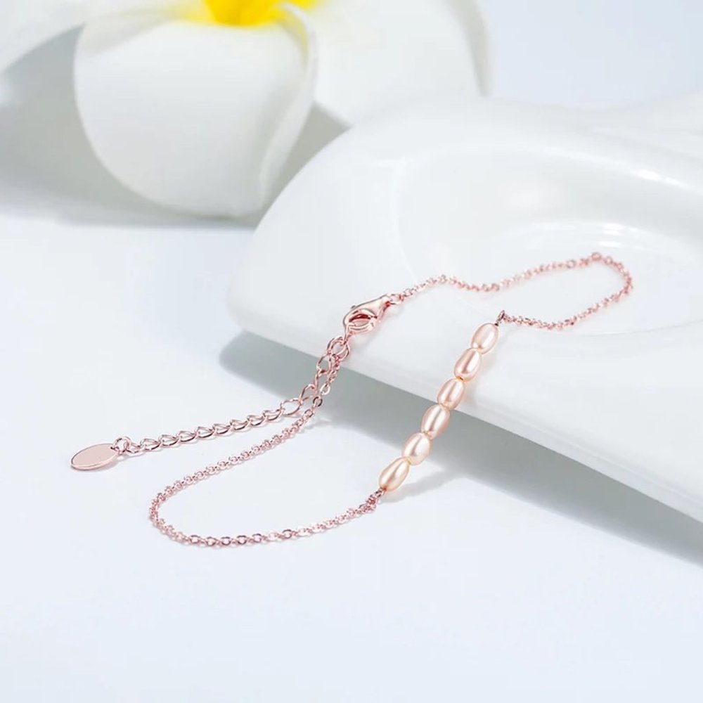 925 Rose Gold Pearl Bracelet Anklet 8'' - Picture 4 of 11